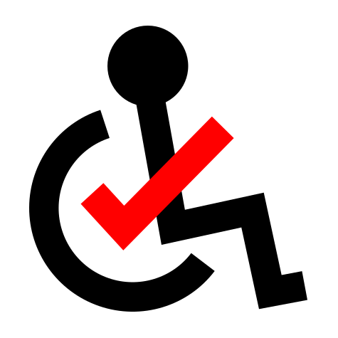 The Accessible Activism Checklist logo: A standard accessible icon depicting a person in a wheelchair; a red checkmark is centered in the wheel and forms the person's arm.