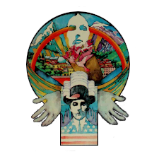 Islandia illustration: a really trippy watercolor illustration that incorporates mountains, an old-fashioned, low-tech city, birds taking off, the face of a woman, some strange starburst/rainbow hybrid, hands outstretched, and a 1920s man on a backdrop of a modern city, with the American flag patterned into his clothing.